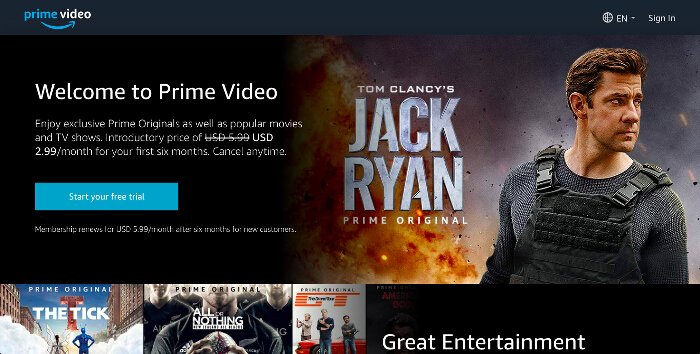 Amazon Prime Video landing page
