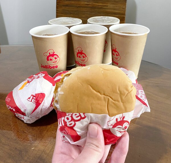 Jollibee Crunchy Chicken Sandwich and Iced Coffee